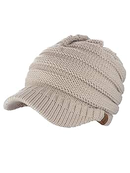 C.C Warm & Thick Cable Knitted Brim Visor Beanie Cap, Beige